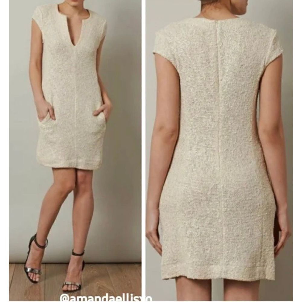 L'Agence Tweed Knit Cap‎ Sleeve Ivory Metallic Shimmer Sheath Dress Size 4